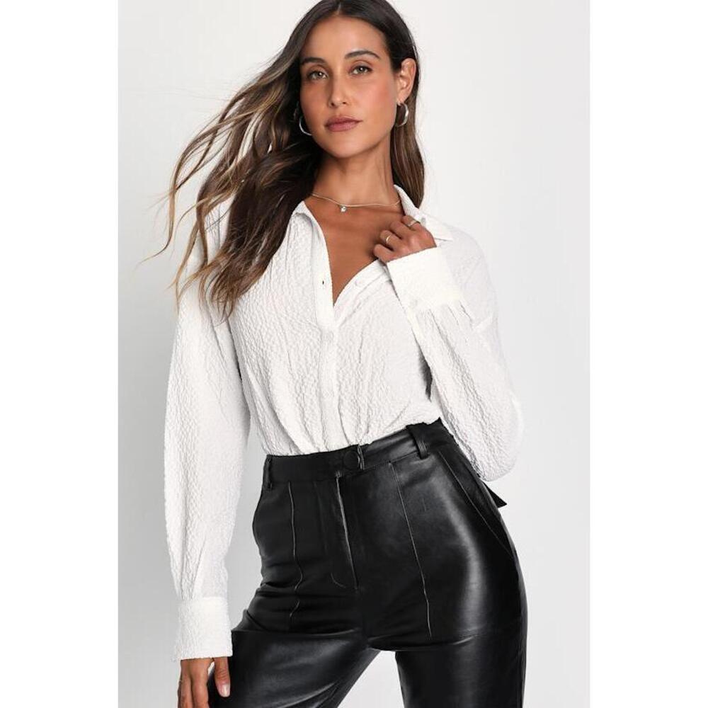 Lulus Unique Icon White Textured Button-up Long Sleeve Bodysuit - Size XS